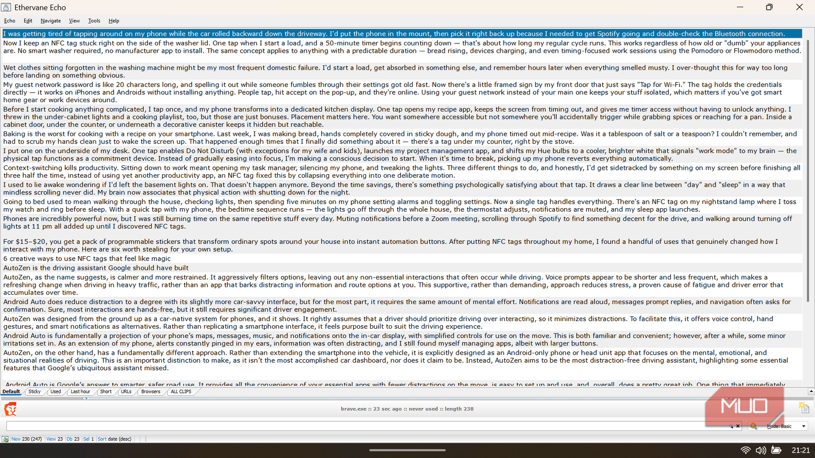 Ethervane Echo interface displaying a searchable list of clipboard history containing text snippets.