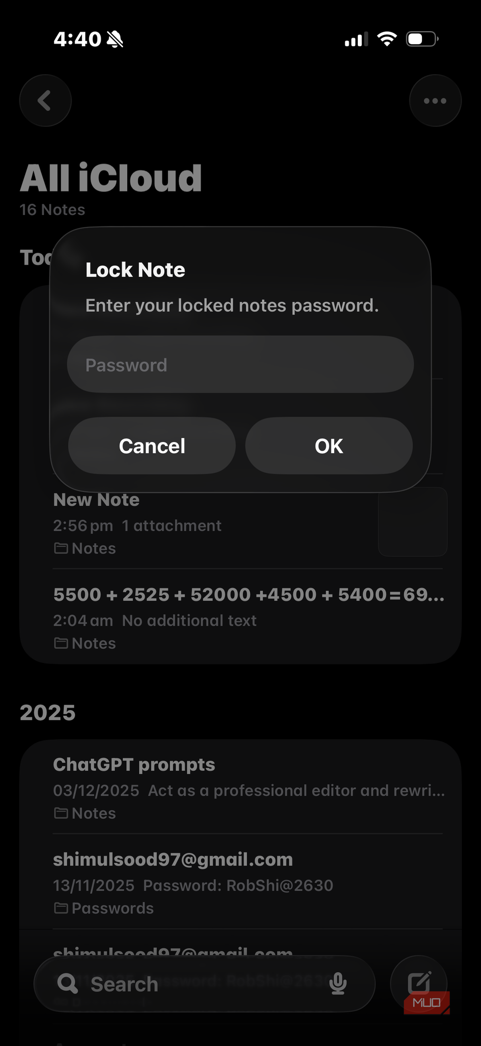 Enter your password to lock the note