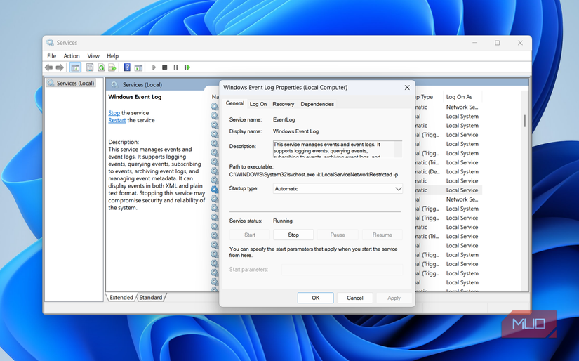 Event log service properties on PC