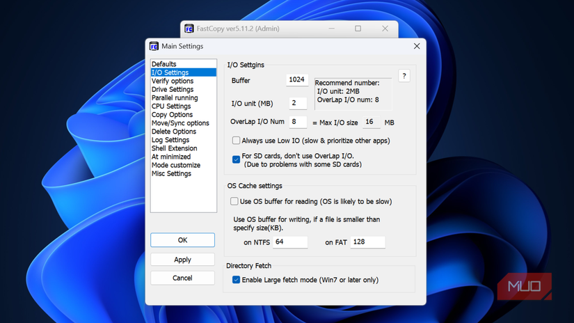 FastCopy IO settings.