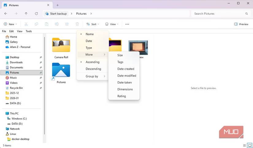 File sort options in Windows