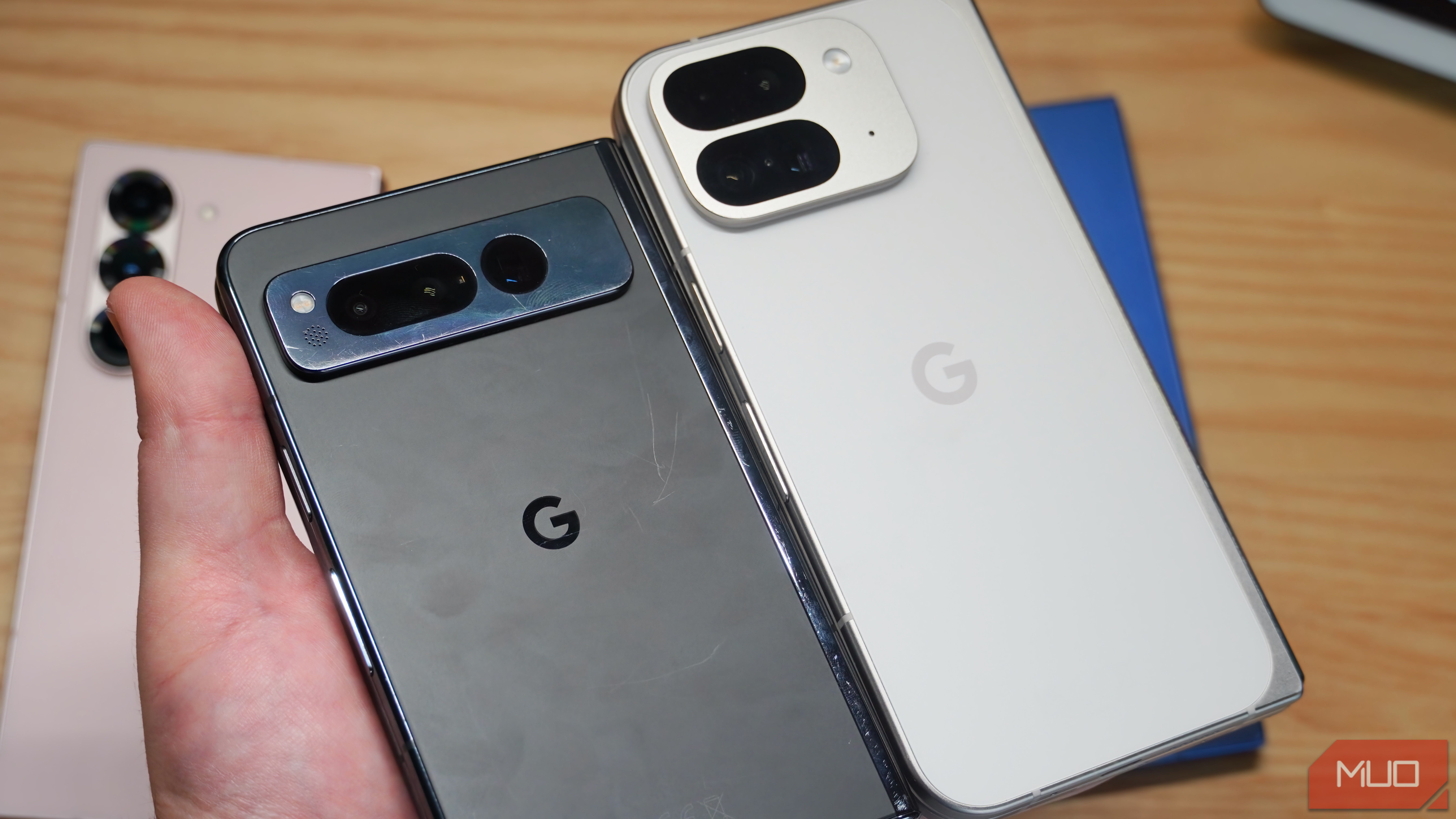 The Google Pixel Fold beside the Google Pixel 9 Pro Fold.