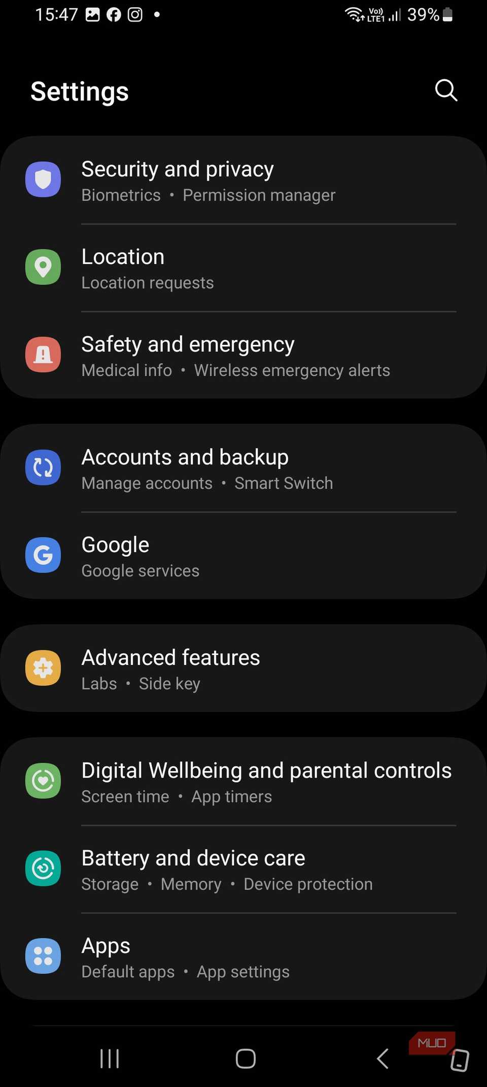 Google section in Settings Android