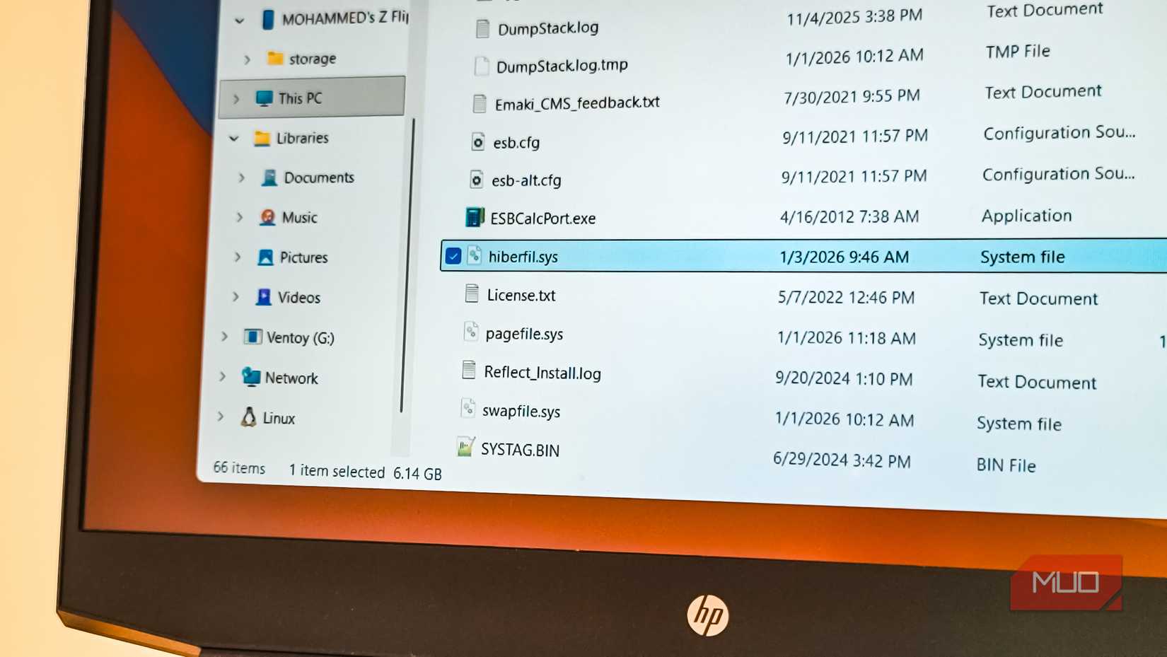 Hiberfil-sys file open in File Explorer on Windows 11 and a HP laptop