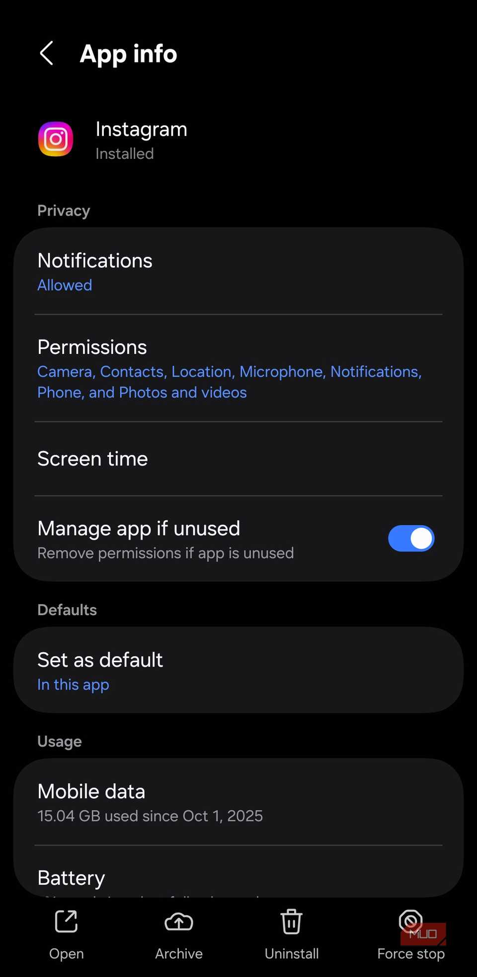 Instagram app info on Android