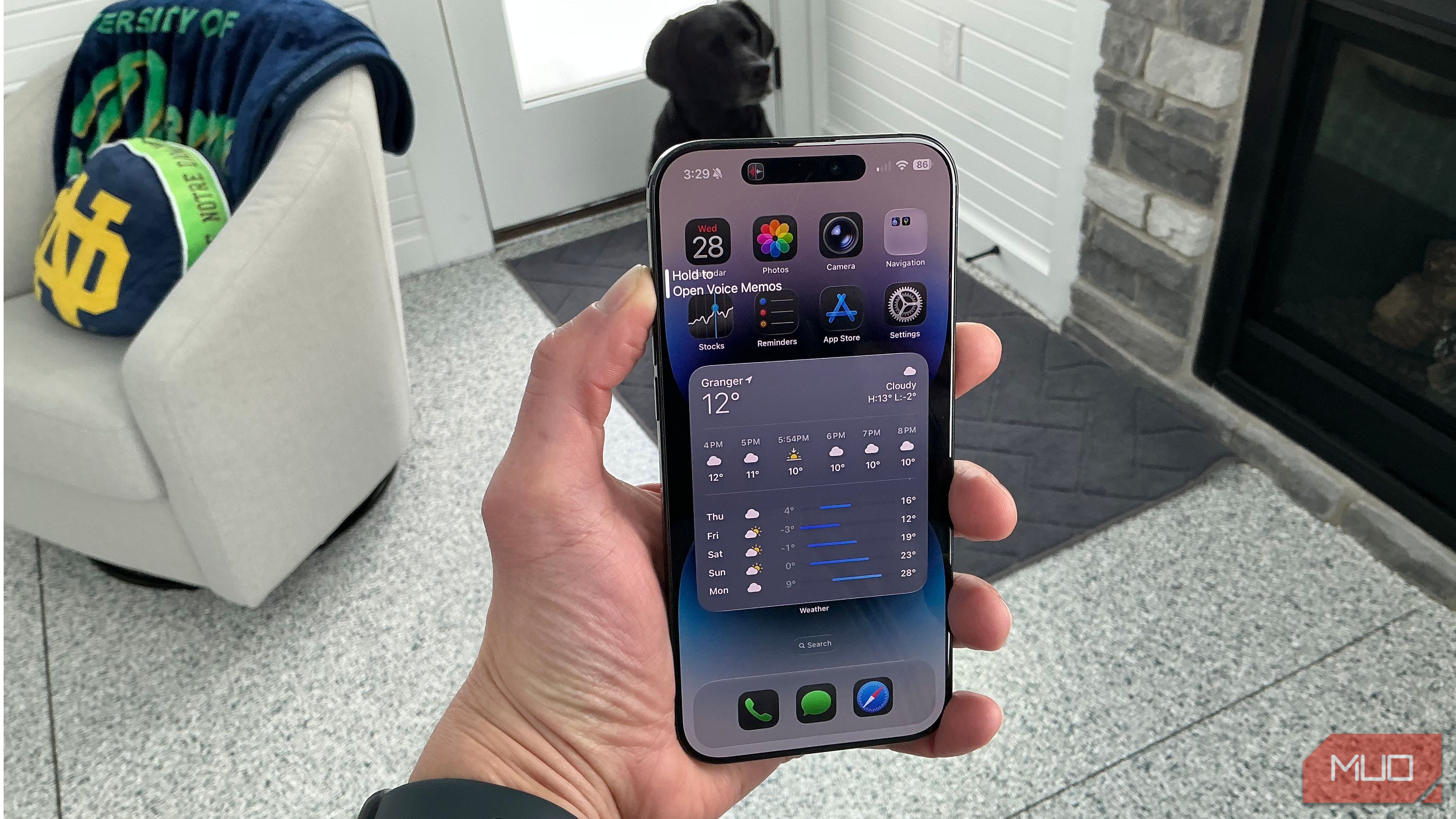 iphone in hand action button hold to open voice memos with dog in background