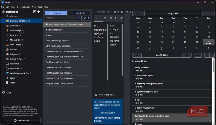Joplin calendar plugin