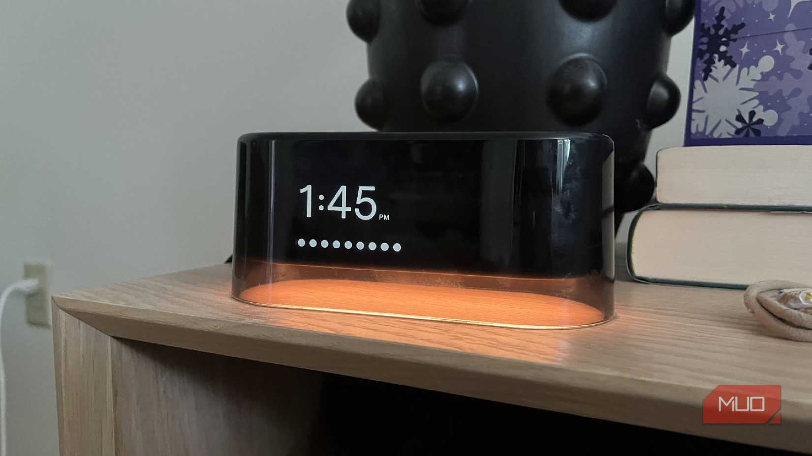 The Lofite smart alarm clock lit up