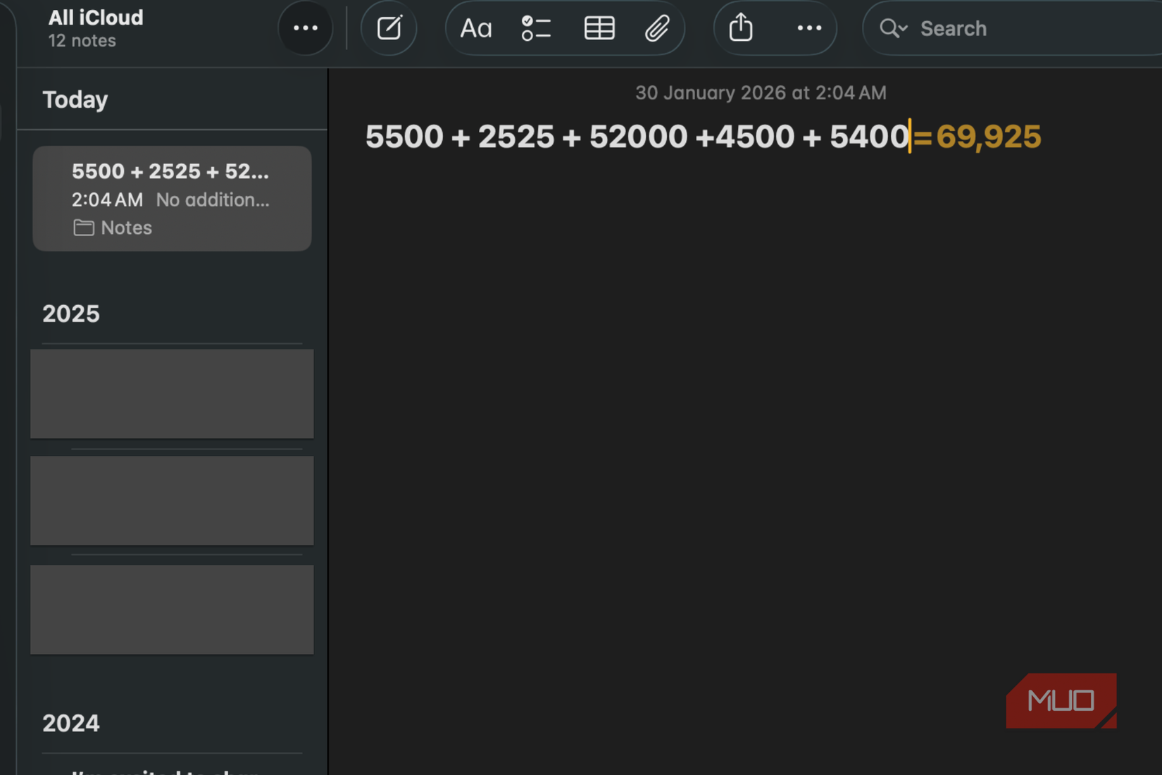 Math calculations on the Notes app