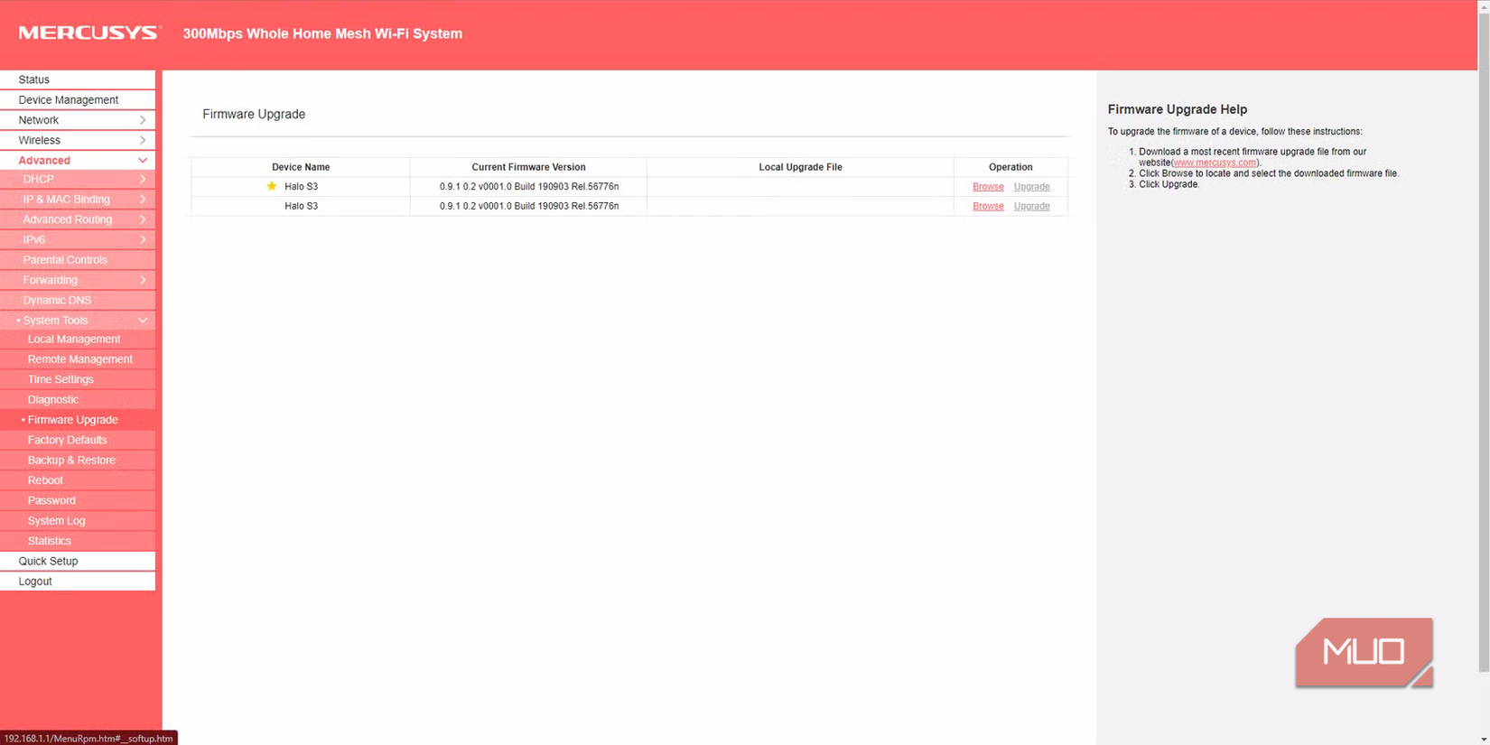 Mercusys S3 Halo Firmware Upgrade page.