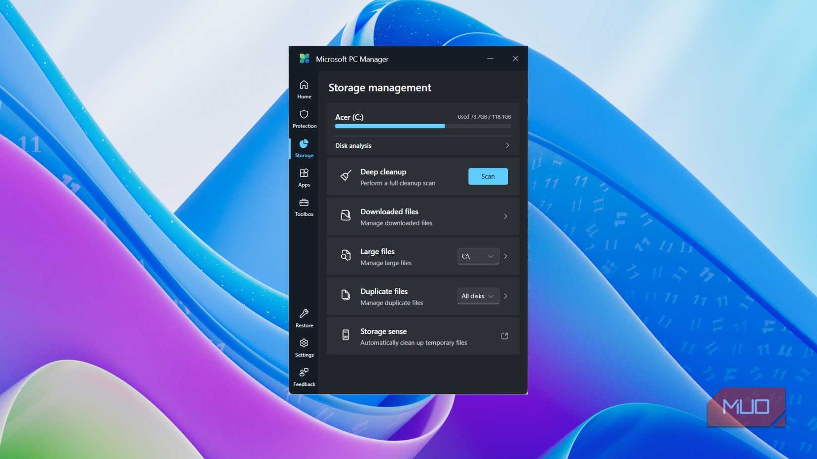 The Storage tab in Microsoft PC Manager showing Deep cleanup options