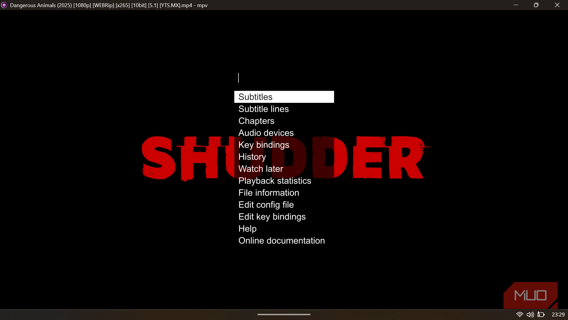 MPV on-screen context menu displaying options for subtitles, audio devices, and configuration settings.