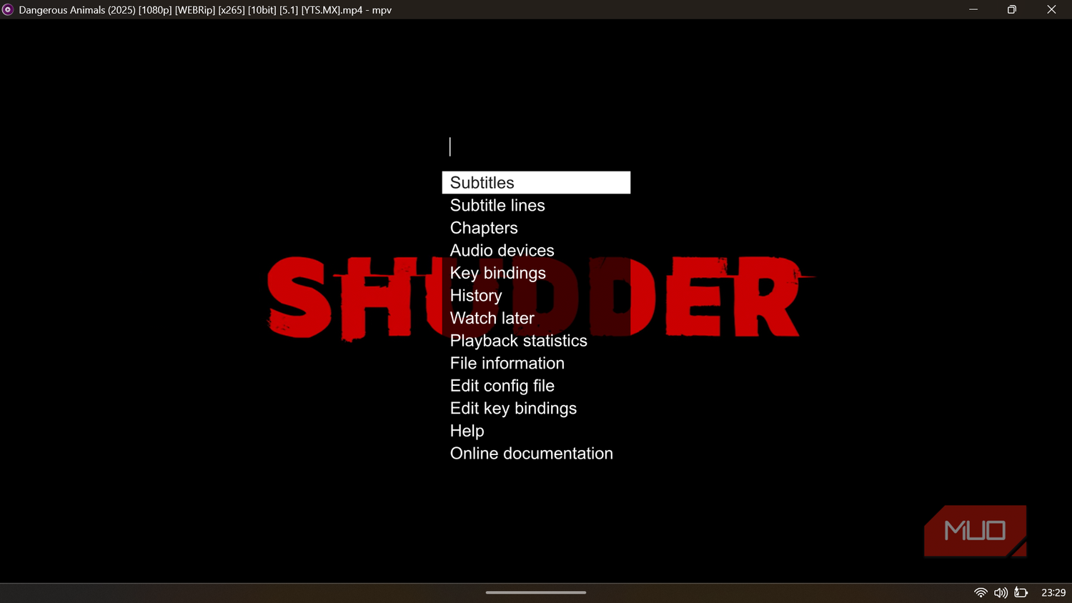 MPV on-screen context menu displaying options for subtitles, audio devices, and configuration settings.