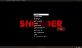 MPV on-screen context menu displaying options for subtitles, audio devices, and configuration settings.