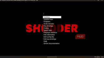 MPV on-screen context menu displaying options for subtitles, audio devices, and configuration settings.