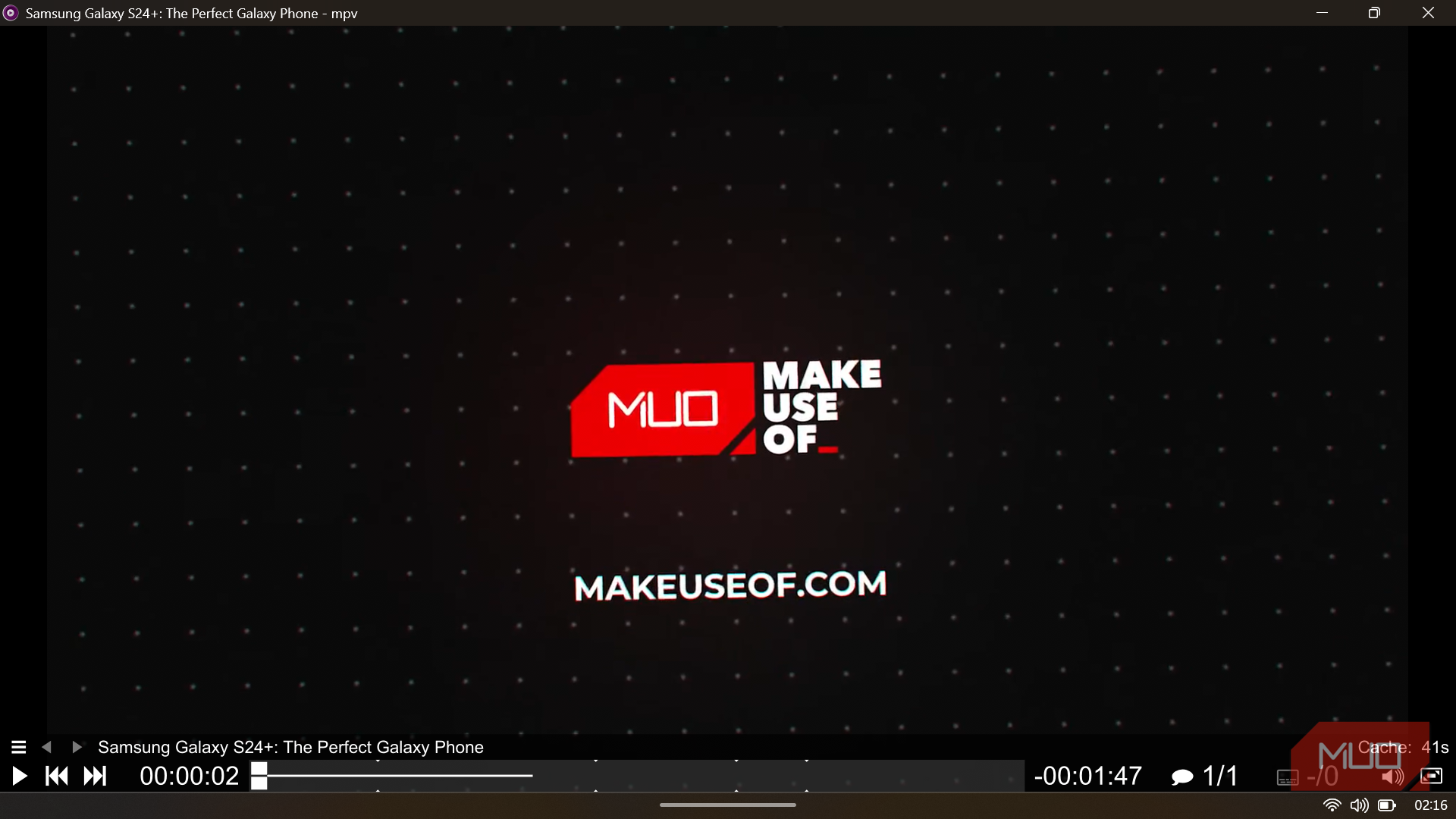 MPV player interface displaying a YouTube tech review video with the MakeUseOf logo and playback controls.