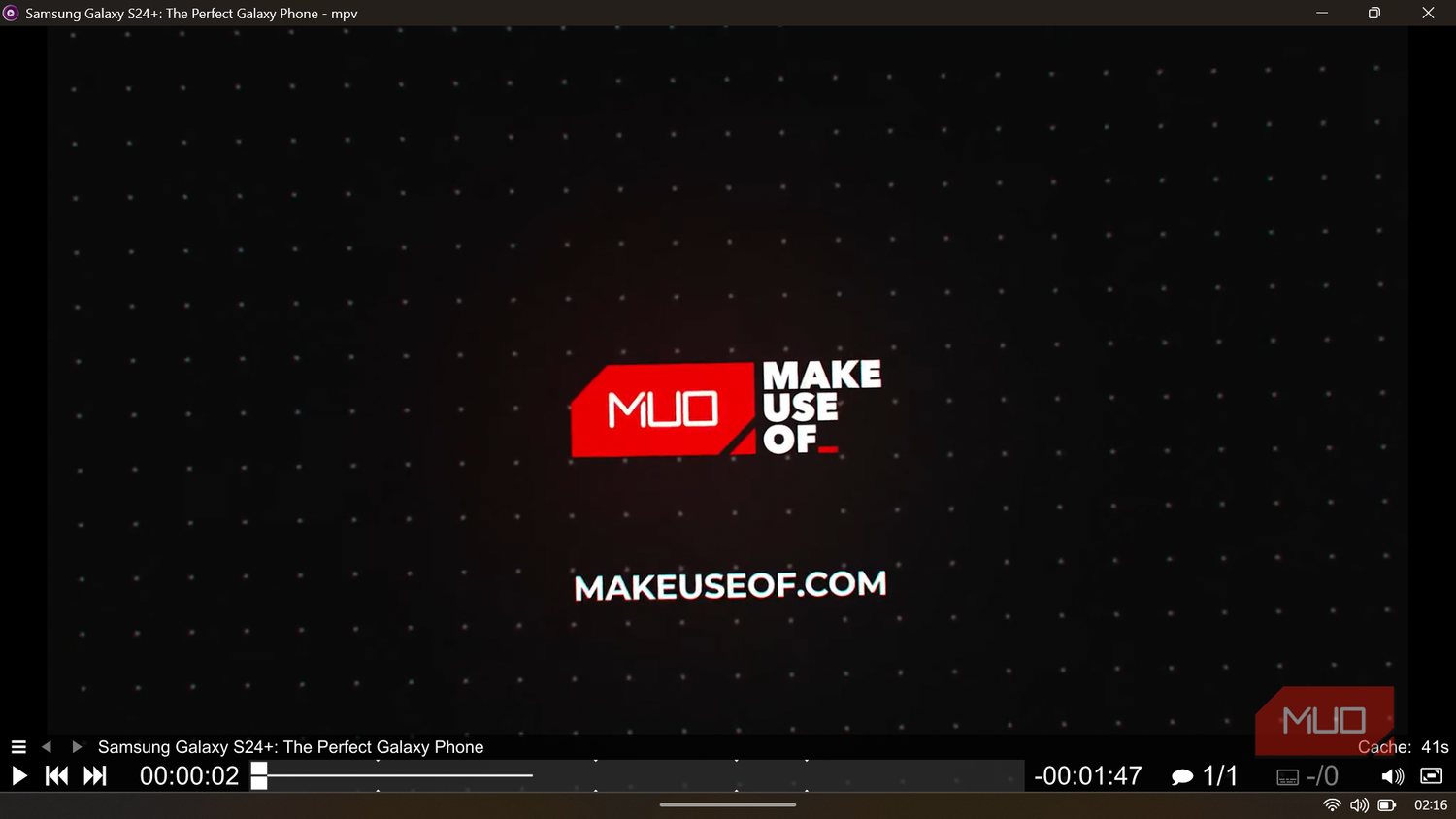 MPV player interface displaying a YouTube tech review video with the MakeUseOf logo and playback controls.