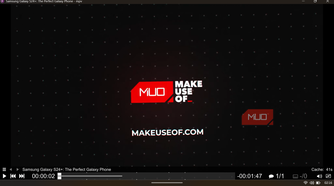MPV player interface displaying a YouTube tech review video with the MakeUseOf logo and playback controls.
