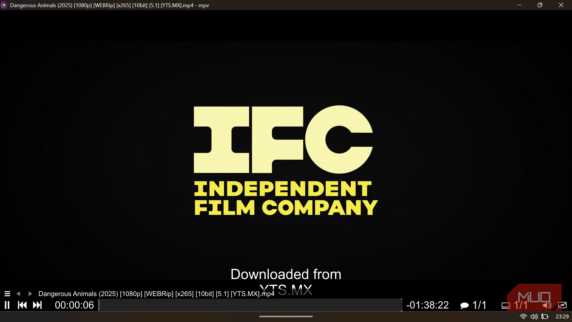 MPV video player screen showing the Independent Film Company intro logo during movie playback.