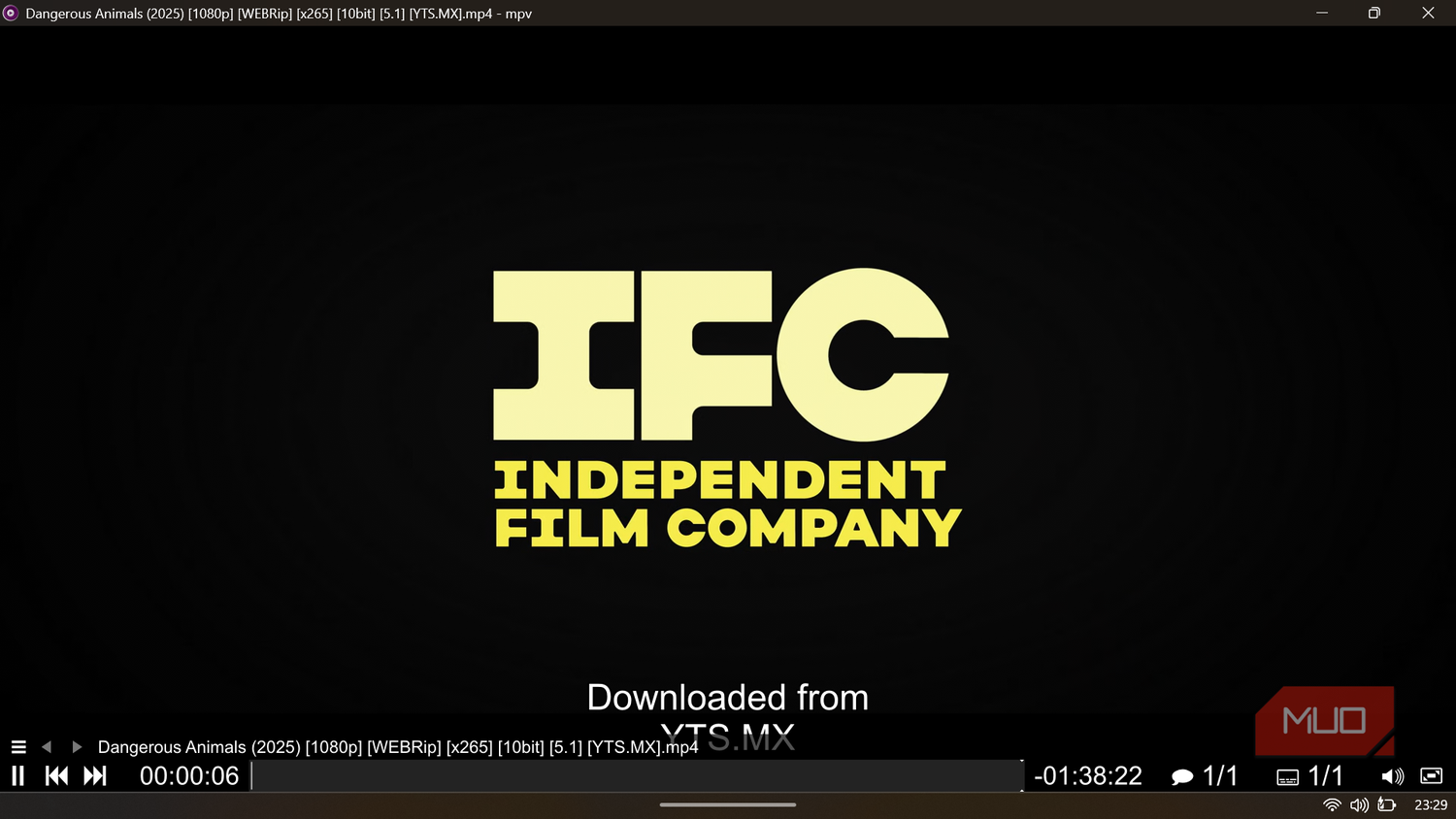 MPV video player screen showing the Independent Film Company intro logo during movie playback.
