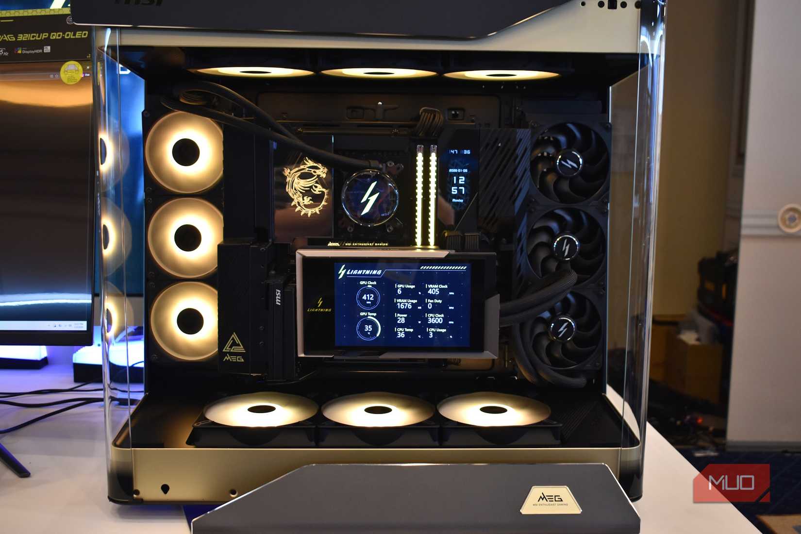 msi lighning 5090 gpu front view in case.