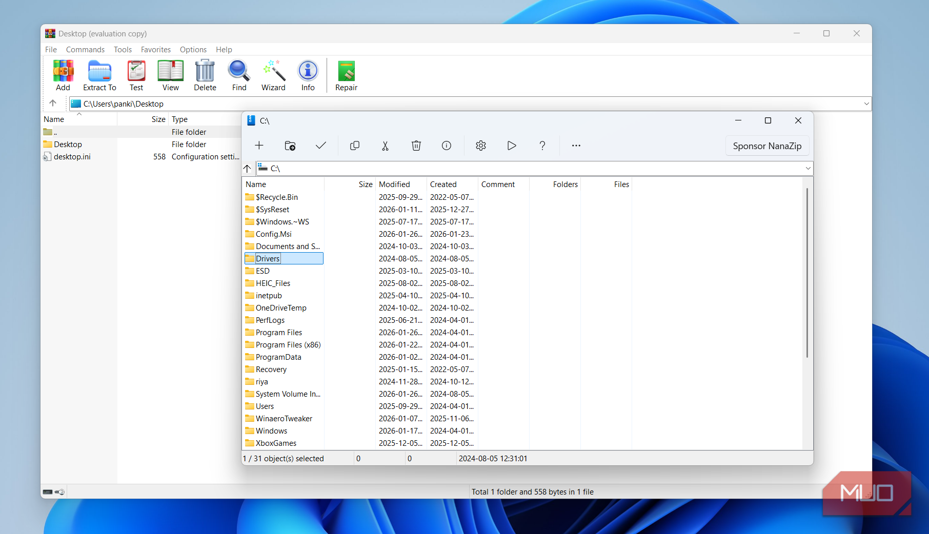 Сравнение NanaZip и WinRAR рядом