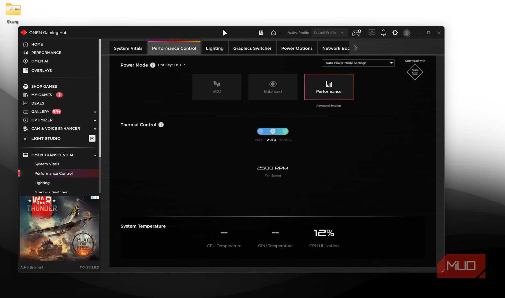 Omen gaming hub system performance tab.