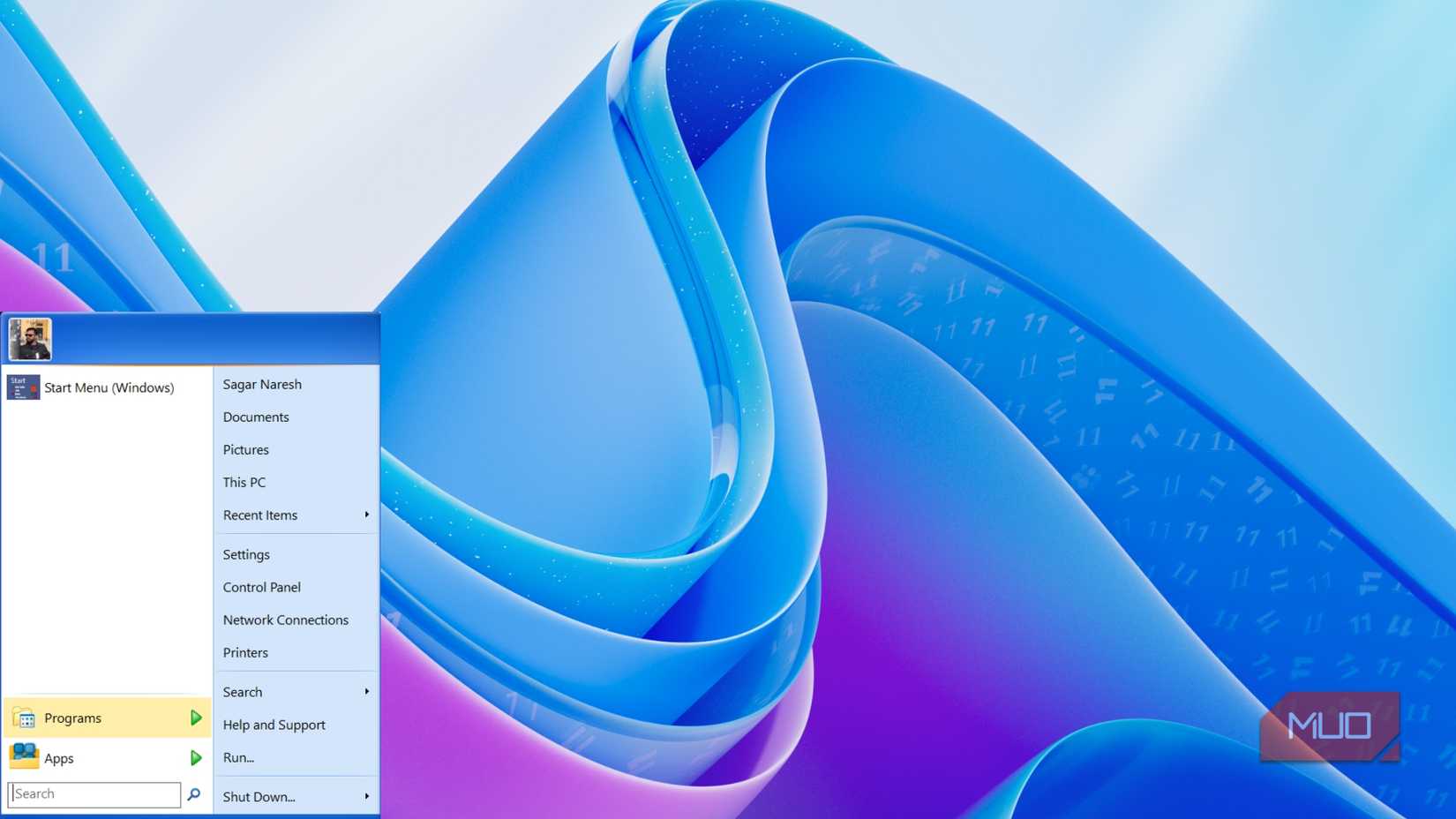 Windows XP-style Start menu layout showing Programs, Apps, and system options