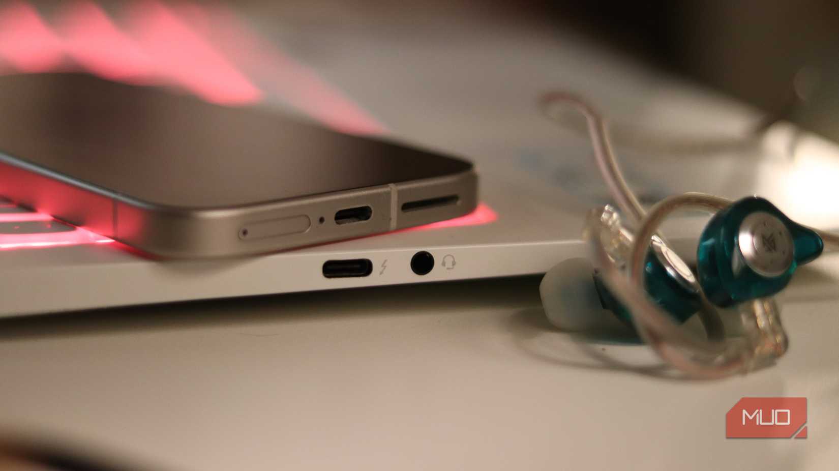 Phone and laptop with 3.5mm audio jack.