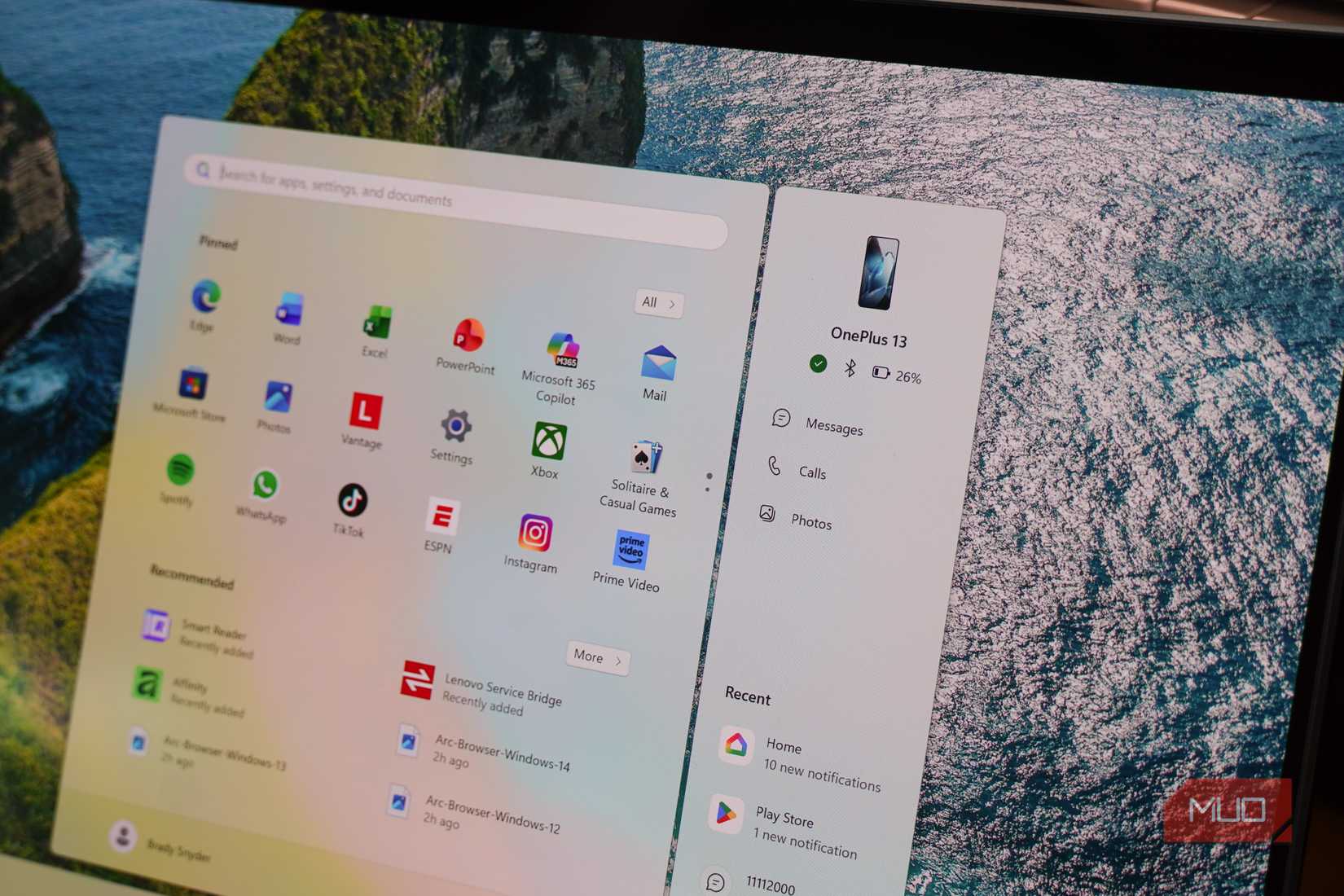 Viewing a OnePlus 13 in the start menu of a Windows 11 PC.