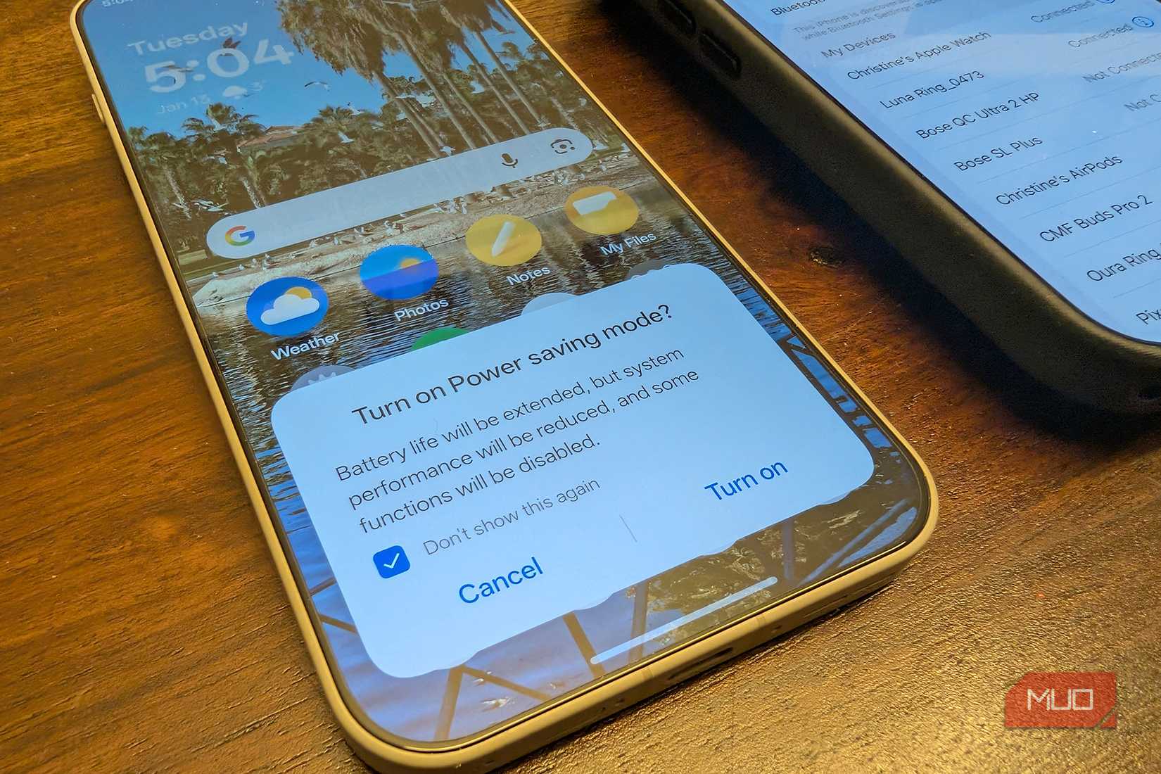 A phone showing power saving mode.