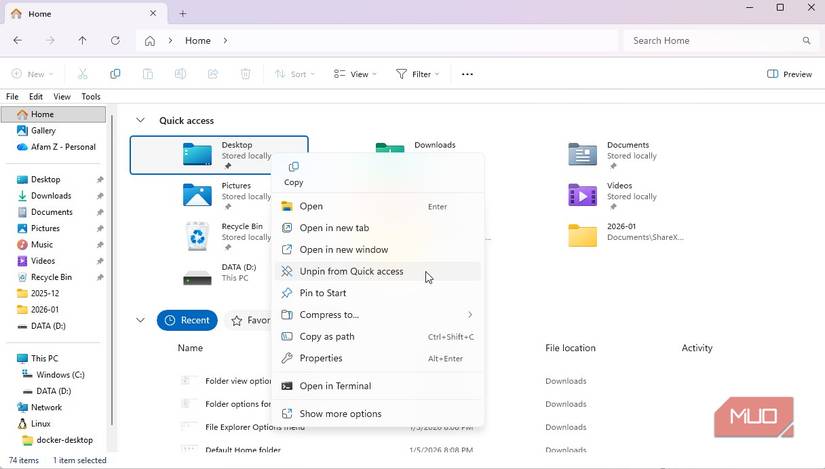 Pinning and Unpinning in File Explorer