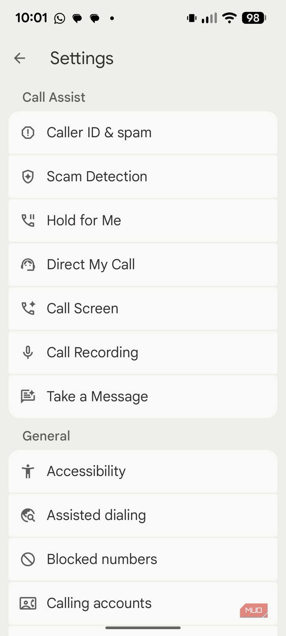 The settings pane for the Phone app on Pixel devices.