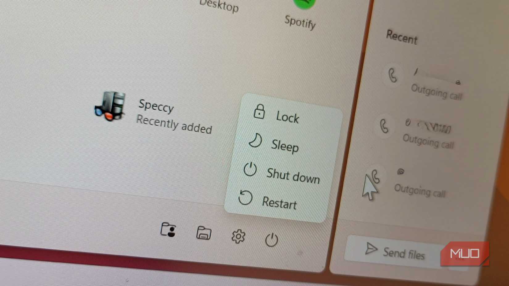 Power menu on Windows 11
