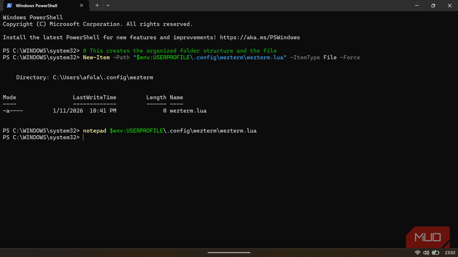 PowerShell terminal executing a command to create a new WezTerm configuration file.