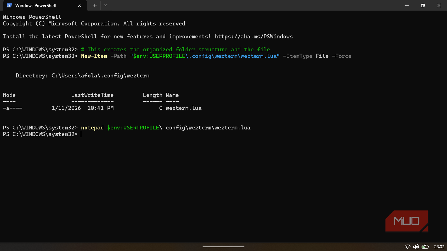 PowerShell terminal executing a command to create a new WezTerm configuration file.