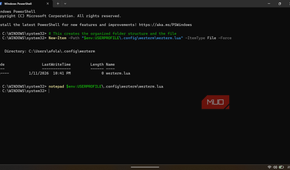 PowerShell terminal executing a command to create a new WezTerm configuration file.