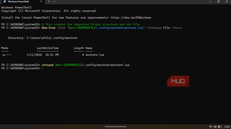 PowerShell terminal executing a command to create a new WezTerm configuration file.