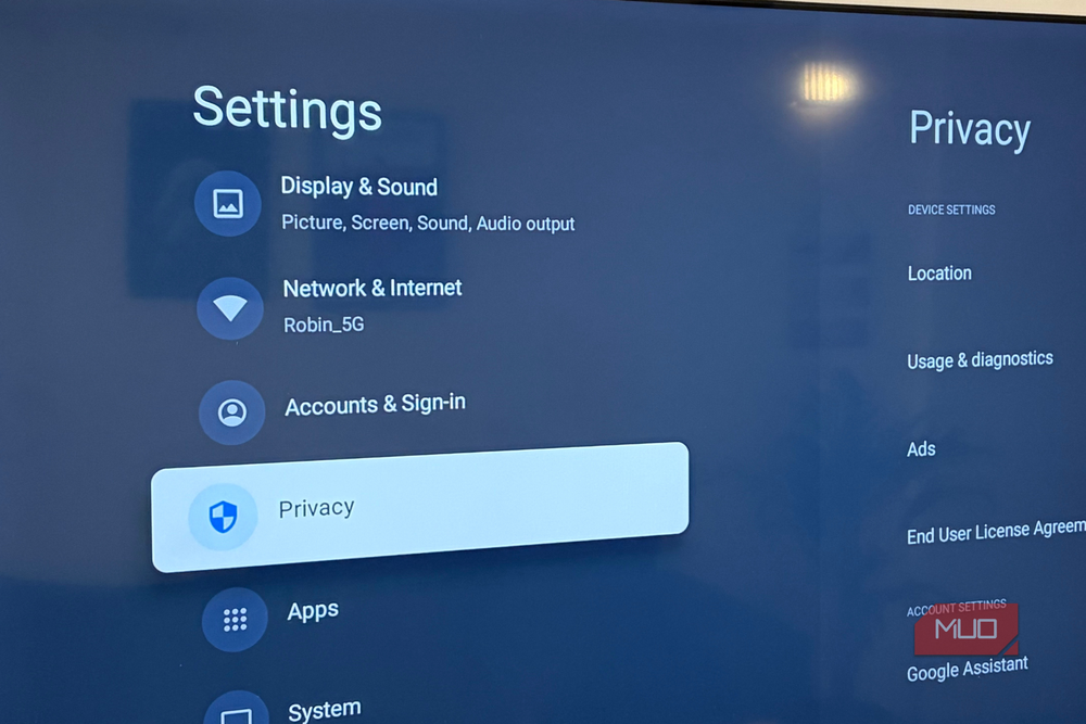 Privacy settings menu on a smart TV with tracking options