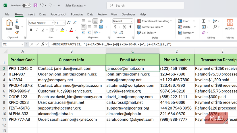 Regexextract formula in Excel to extract Email addresses.