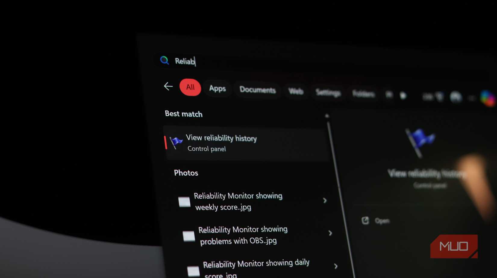 Reliability Monitor in Start menu.