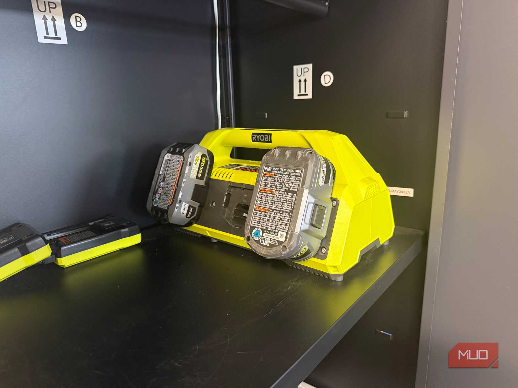 ryobi 6 port fast charger in garage cabinet