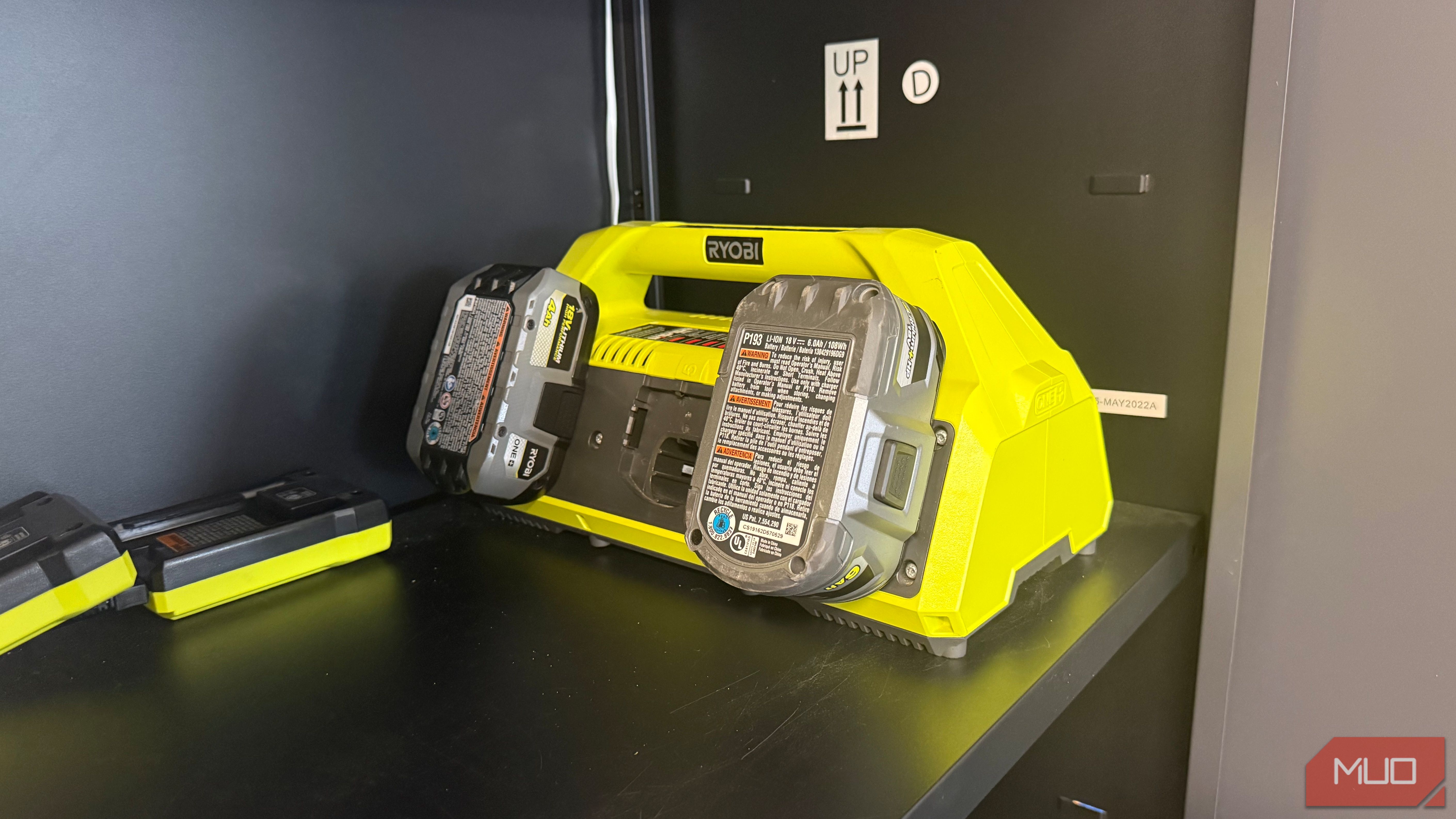 ryobi 6 port fast charger in garage cabinet