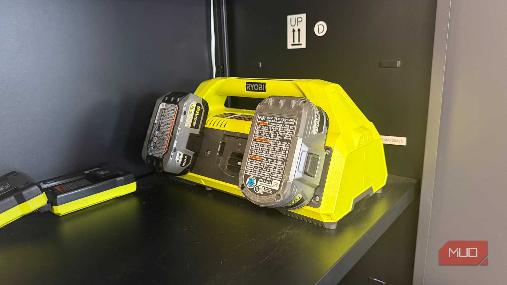 ryobi 6 port fast charger in garage cabinet