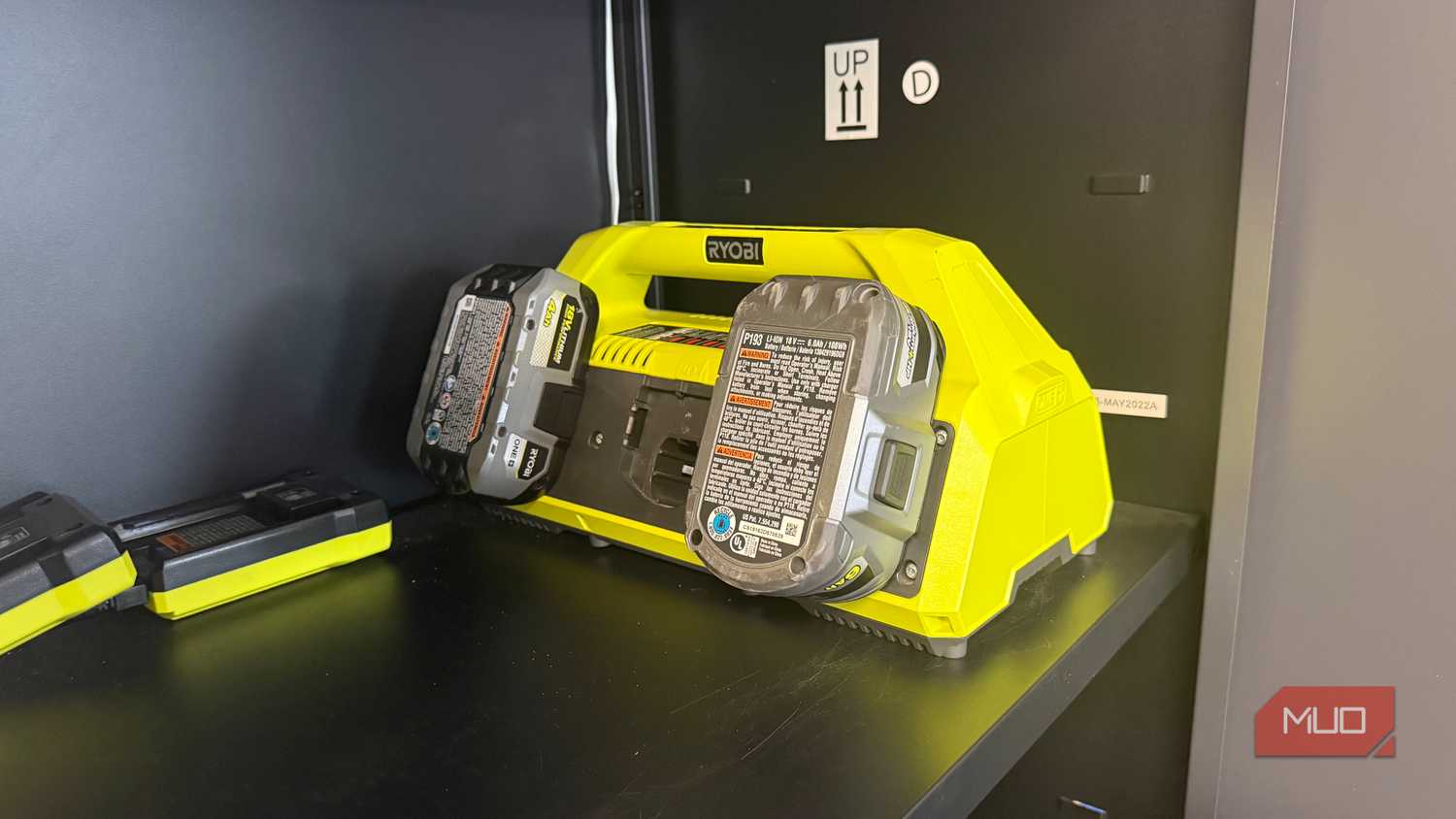 ryobi 6 port fast charger in garage cabinet
