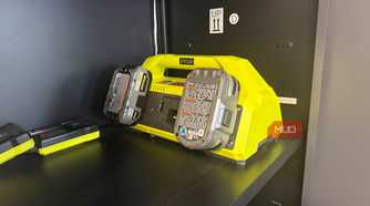 ryobi 6 port fast charger in garage cabinet