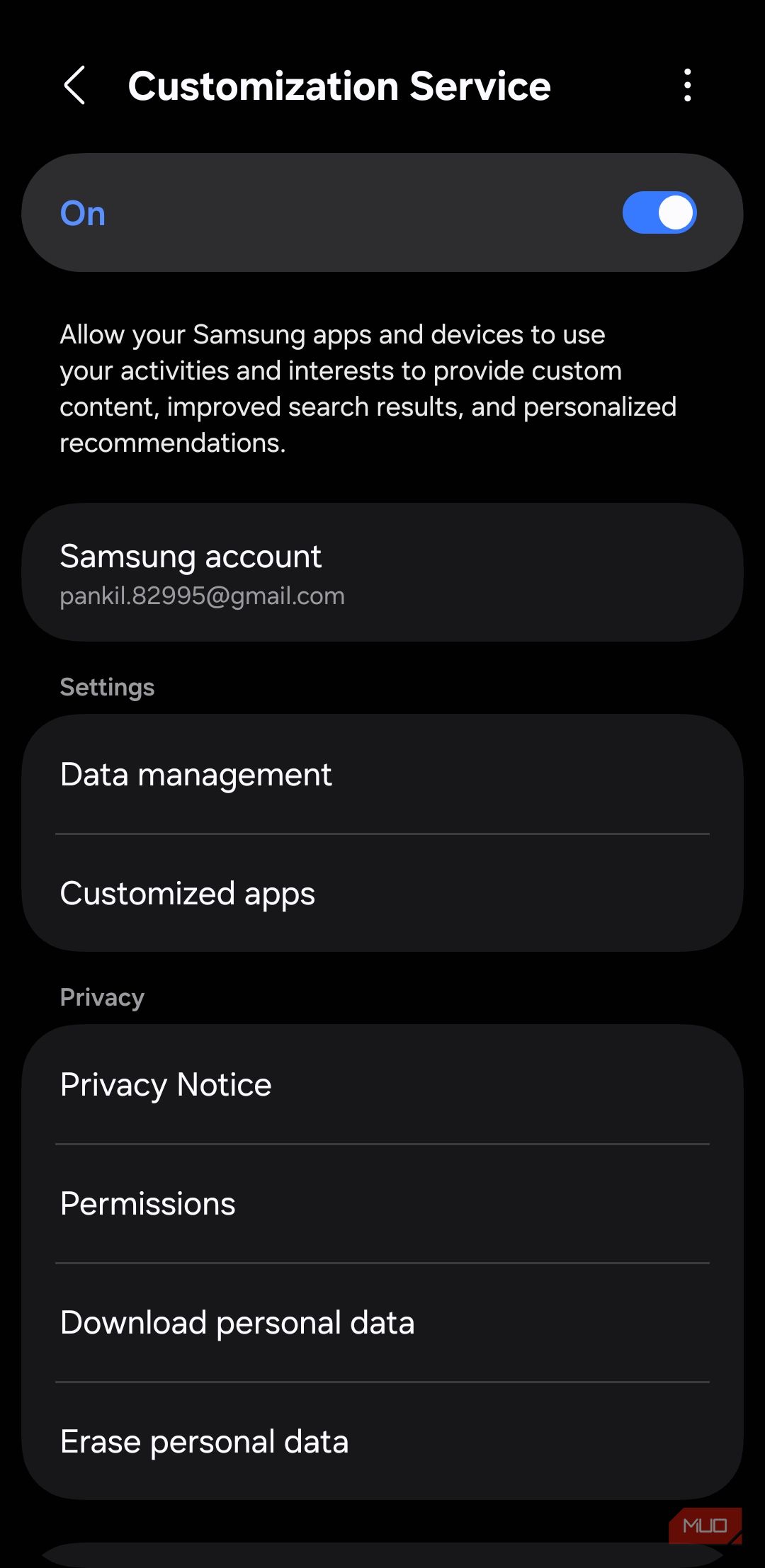 Samsung account Custmization Service settings