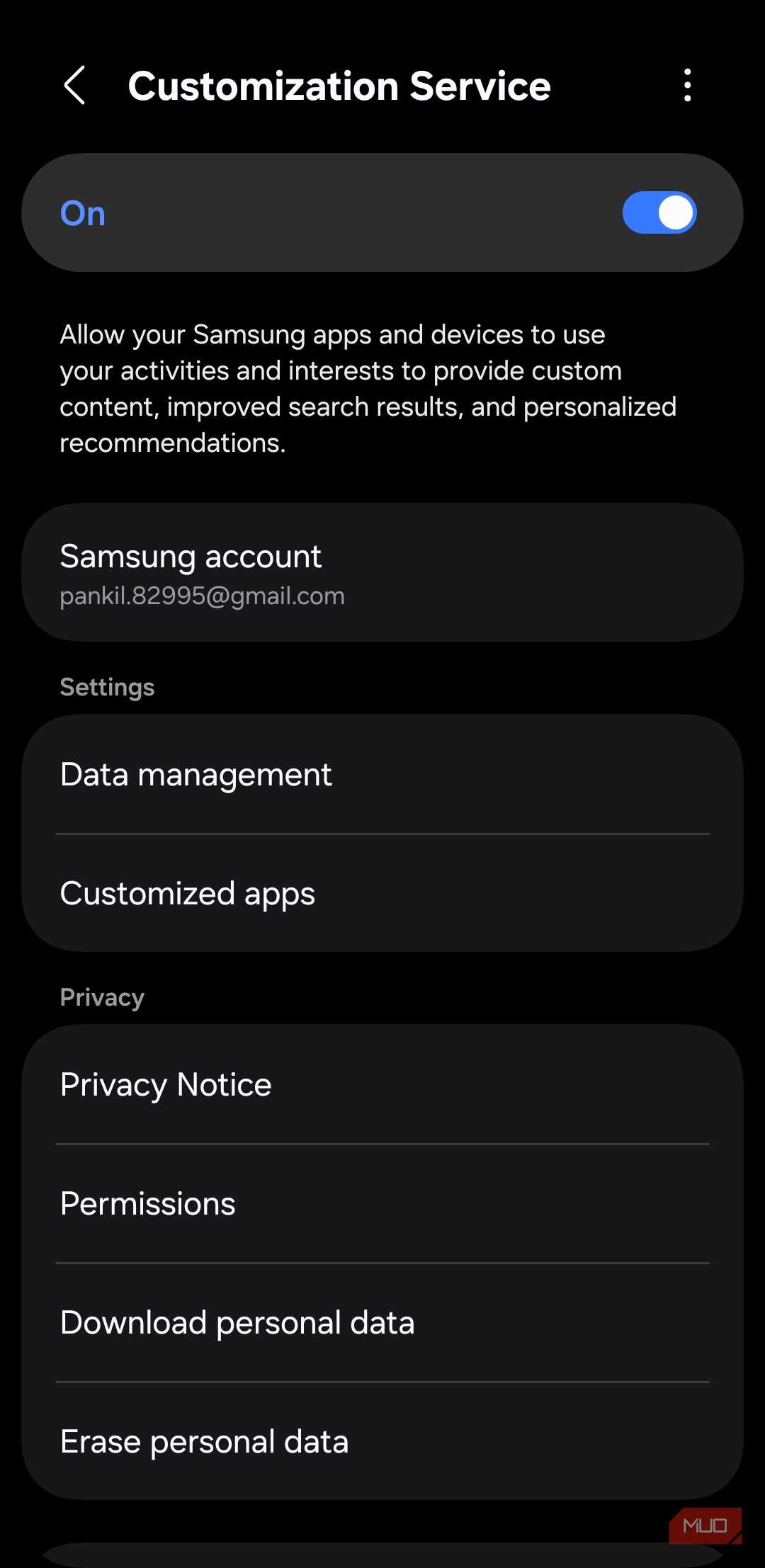Samsung account Custmization Service settings