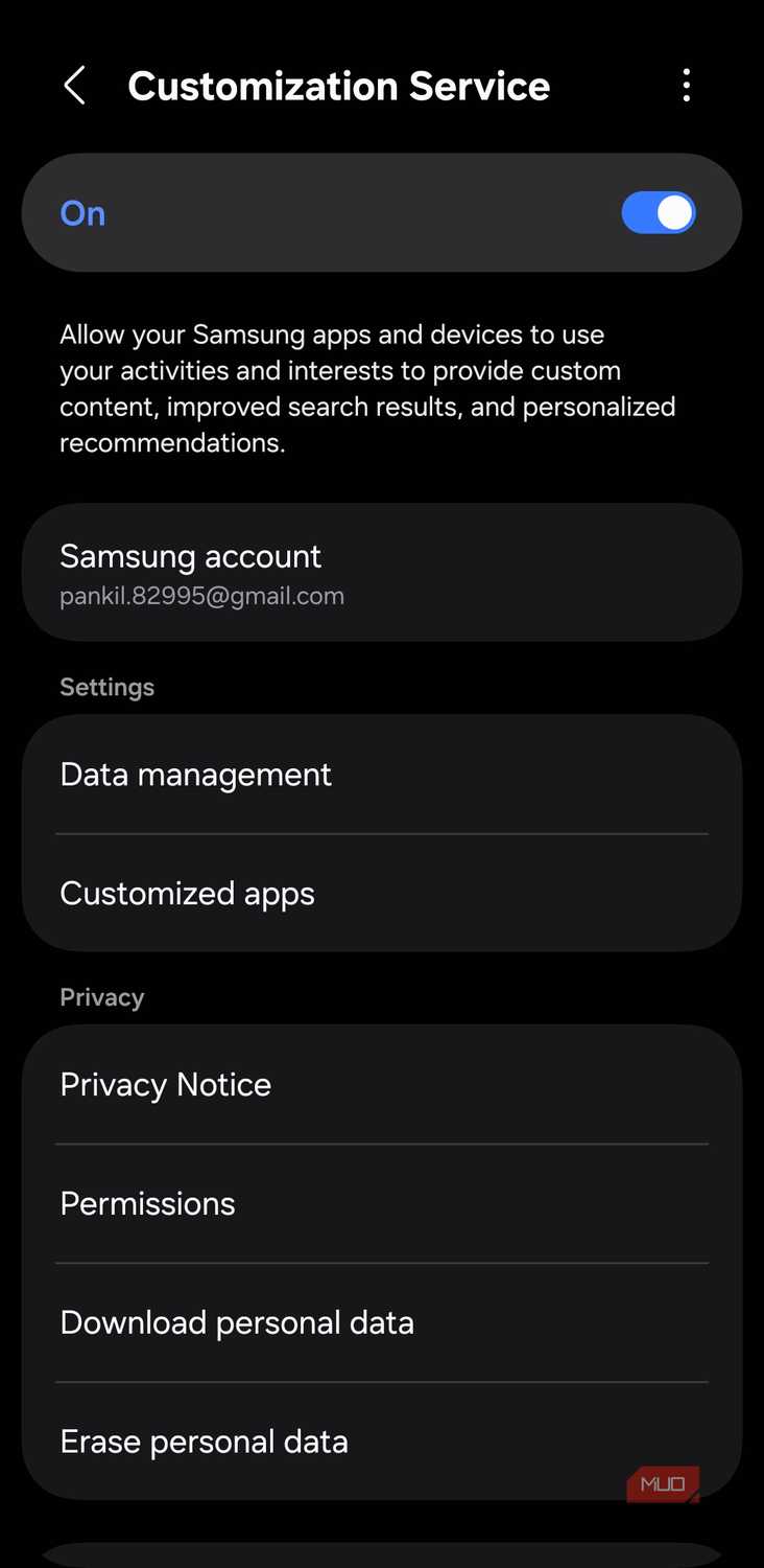 Samsung account Custmization Service settings