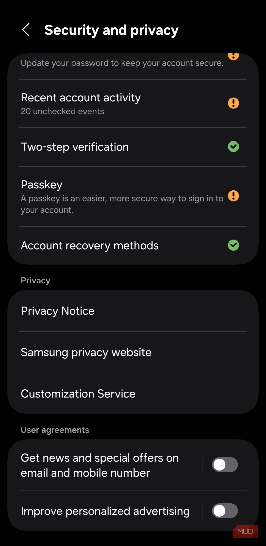 Samsung account privacy settings